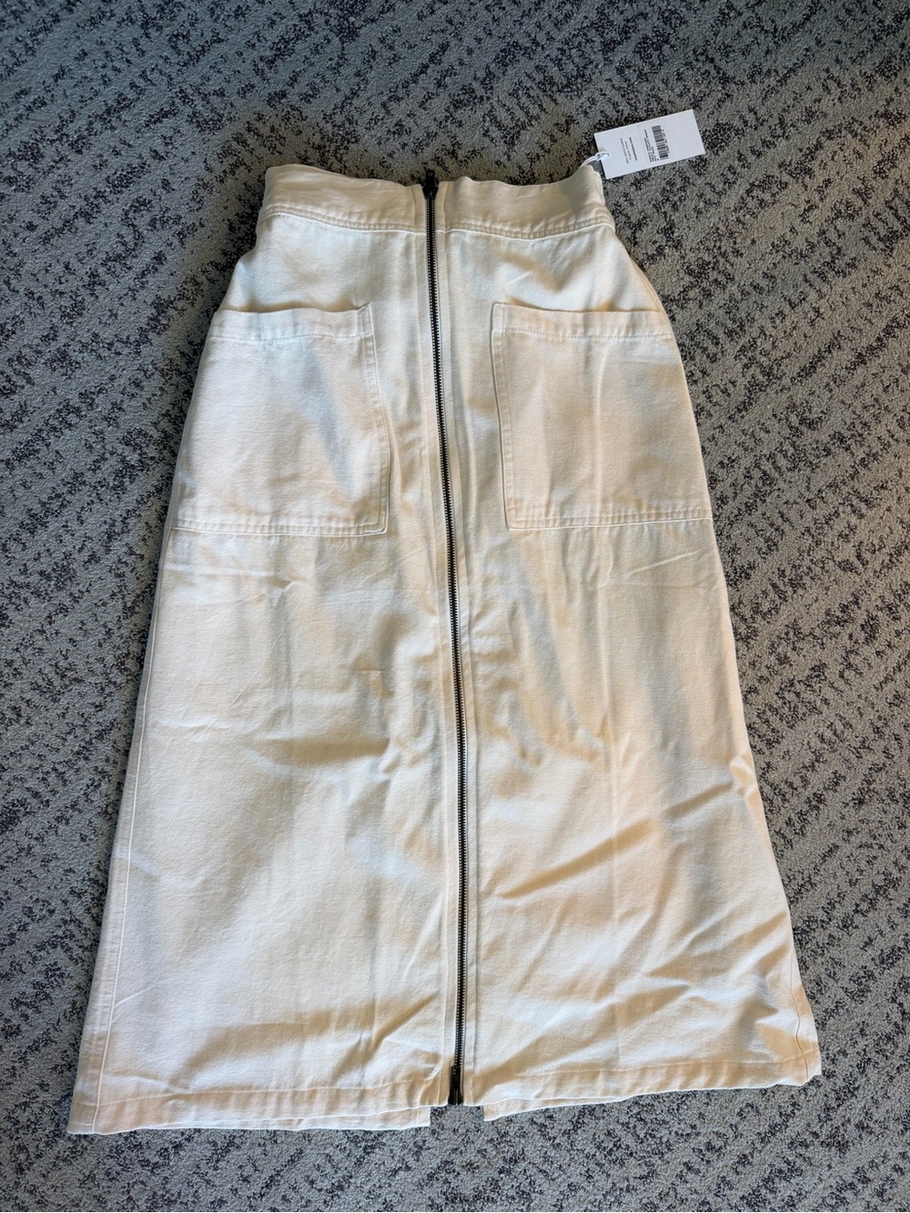Cream Zip-Front Midi Skirt with Front Patch Pockets